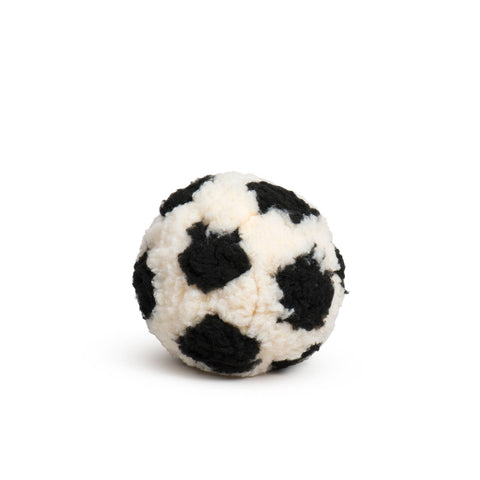 HuggleFleece Soccer Ball by HuggleGroup showing black and white hexagonal pattern plush dog toy.