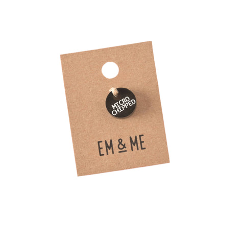 Em And Me Studio microchipped collar tag attached to a dog's collar showing the charm in use.