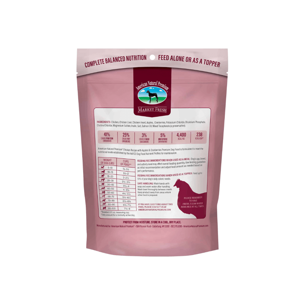 Dog Dish American Natural Premium freeze-dried chicken dog food bag back view with nutritional facts and feeding guide