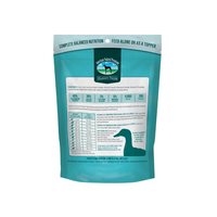 Dog Dish American Natural Premium freeze dried duck dog food bag back label with nutritional info and feeding guide