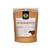 Back of Dog Dish American Natural Premium freeze dried beef dog food bag showing nutritional facts and feeding guide.