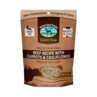 Dog Dish American Natural Premium freeze-dried beef dog food bag with carrots and cauliflower in a 4oz package.