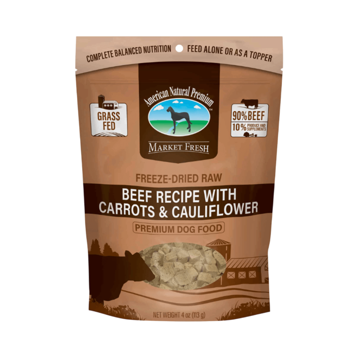 Dog Dish American Natural Premium freeze-dried beef dog food with carrots and cauliflower in a 4oz resealable bag.