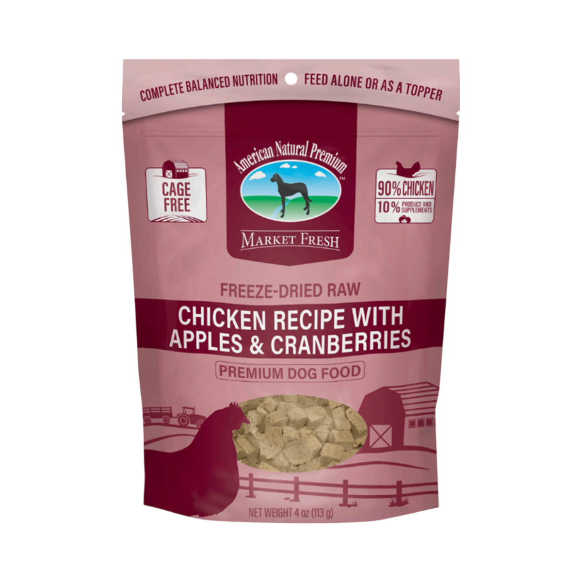 Dog Dish American Natural Premium freeze-dried chicken dog food bag with apples and cranberries in a 4oz package.