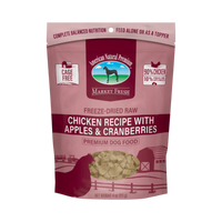 Dog Dish American Natural Premium freeze-dried chicken dog food bag with apples and cranberries in a 4oz package.