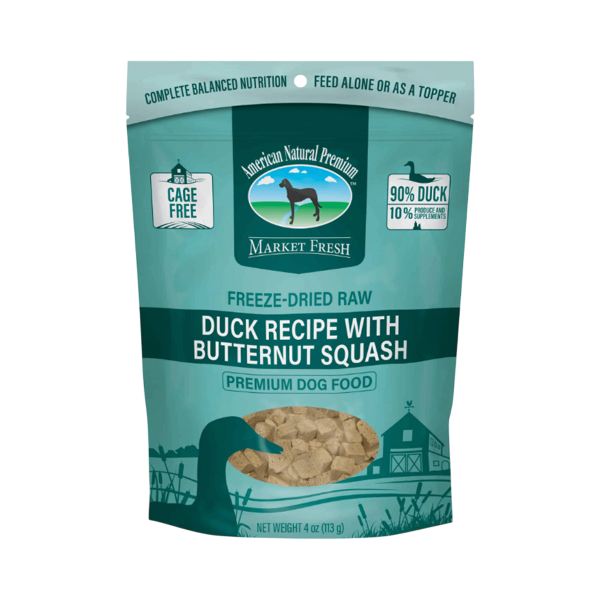 Dog Dish American Natural Premium freeze-dried duck dog food in a 4oz teal pouch with pumpkin and butternut squash