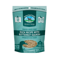 Dog Dish American Natural Premium freeze-dried duck dog food in a 4oz teal pouch with pumpkin and butternut squash