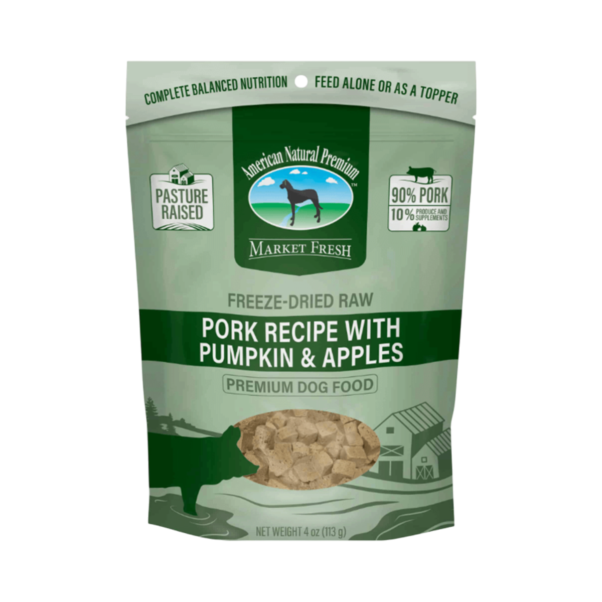 Dog Dish American Natural Premium freeze-dried pork dog food with pumpkin and apples in a 4oz bag.