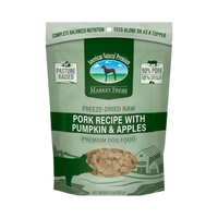 Dog Dish American Natural Premium freeze-dried pork dog food with pumpkin and apples in a 4oz bag.