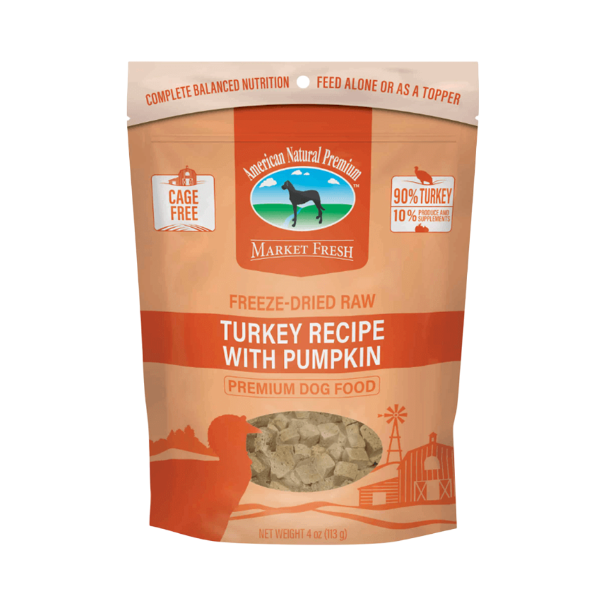 Dog Dish American Natural Premium freeze-dried turkey and pumpkin dog food in a 4oz resealable pouch.