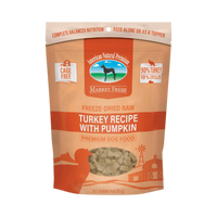 Dog Dish American Natural Premium freeze-dried turkey and pumpkin dog food in a 4oz resealable pouch.