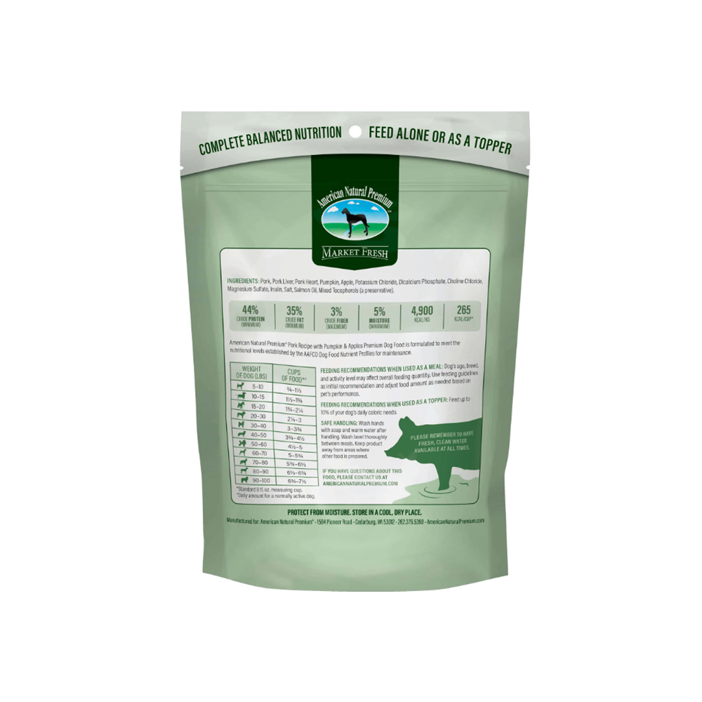Back of Dog Dish American Natural Premium freeze-dried pork dog food bag showing ingredients and feeding guide
