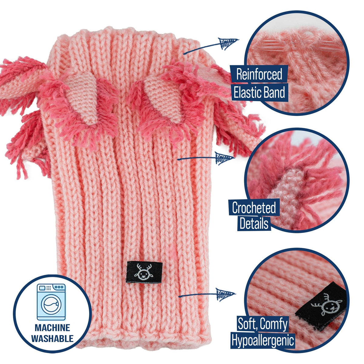 Dog Dish Axolotl Dog Snood in pink knit acrylic with crocheted gills, elastic band, and machine washable label.