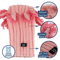 Dog Dish Axolotl Dog Snood in pink knit acrylic with crocheted gills, elastic band, and machine washable label.