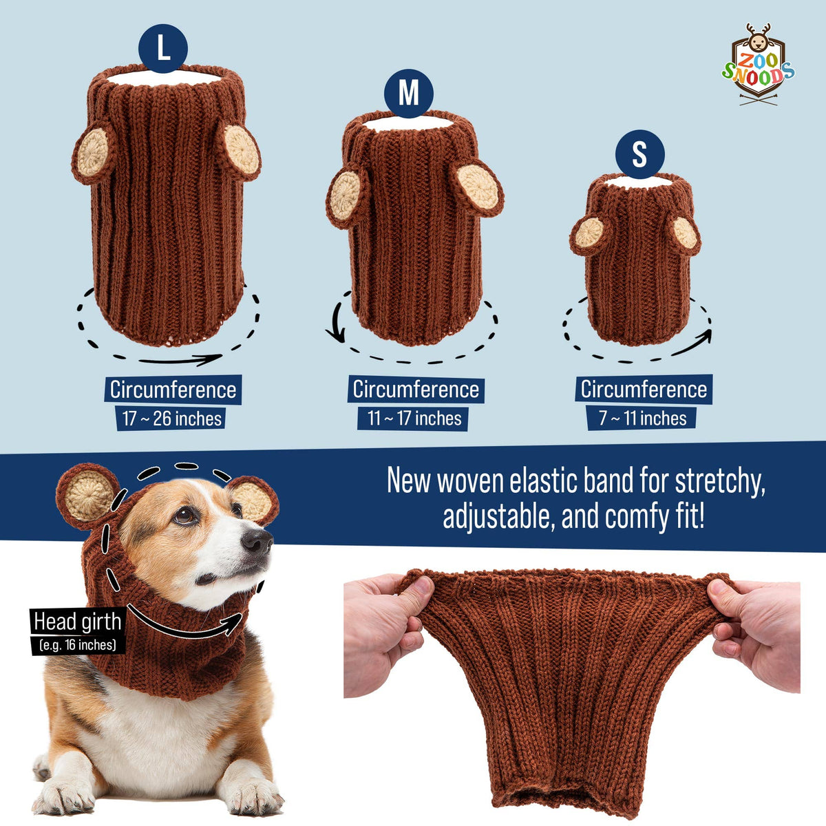 Dog Dish Zoo Snoods brown knit axolotl dog snood showing size chart, elastic band, and a dog wearing the accessory.