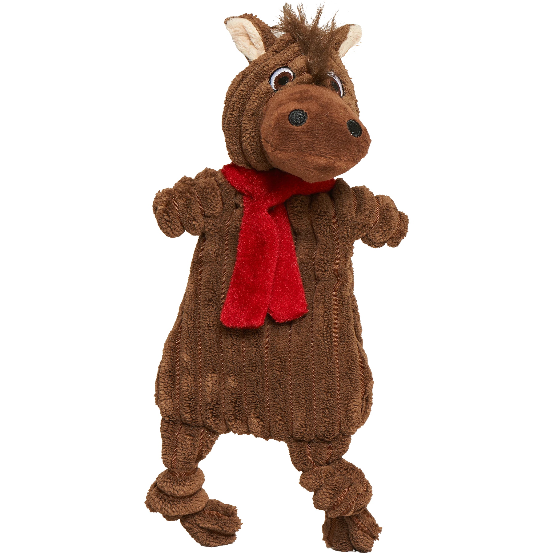 Dog Dish HuggleFlatties Barley Horse unstuffed cord plush dog toy with a red scarf and crinkle texture