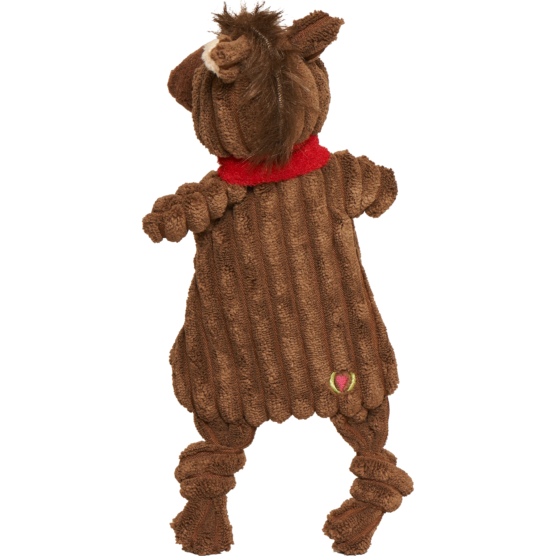 Dog Dish HuggleFlatties Barley Horse unstuffed corduroy dog toy with a red scarf and crinkle texture