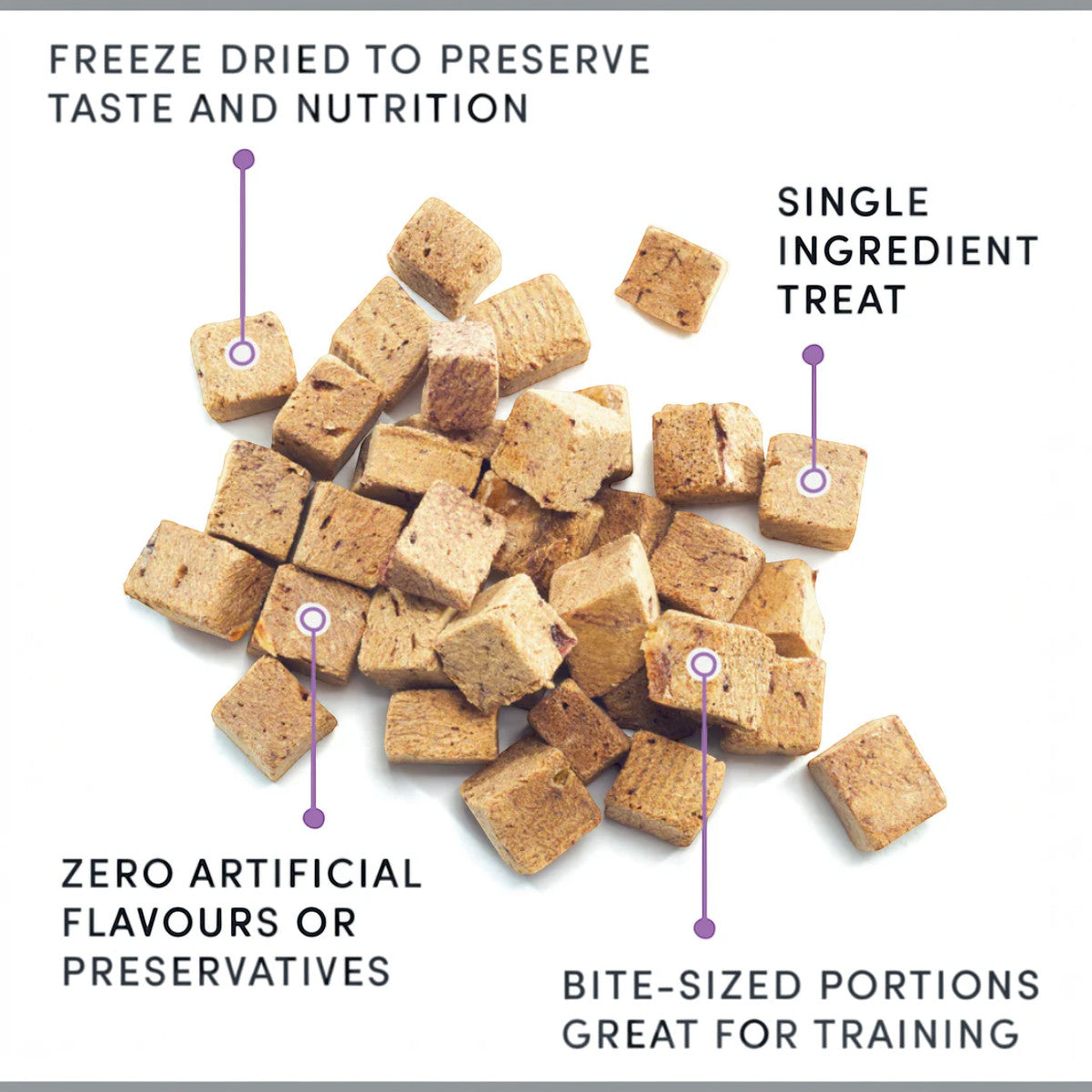 Dog Dish Crumps freeze-dried beef liver dog treat cubes with nutritional callouts on a white background