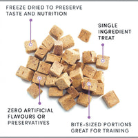 Dog Dish Crumps freeze-dried beef liver dog treat cubes with nutritional callouts on a white background