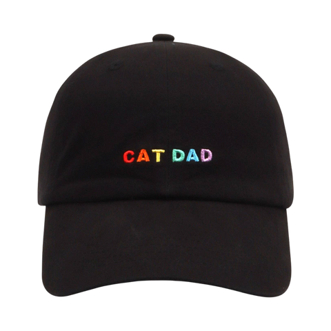 Dog Dish Cat Dad baseball cap in black cotton twill with rainbow embroidered lettering on the front