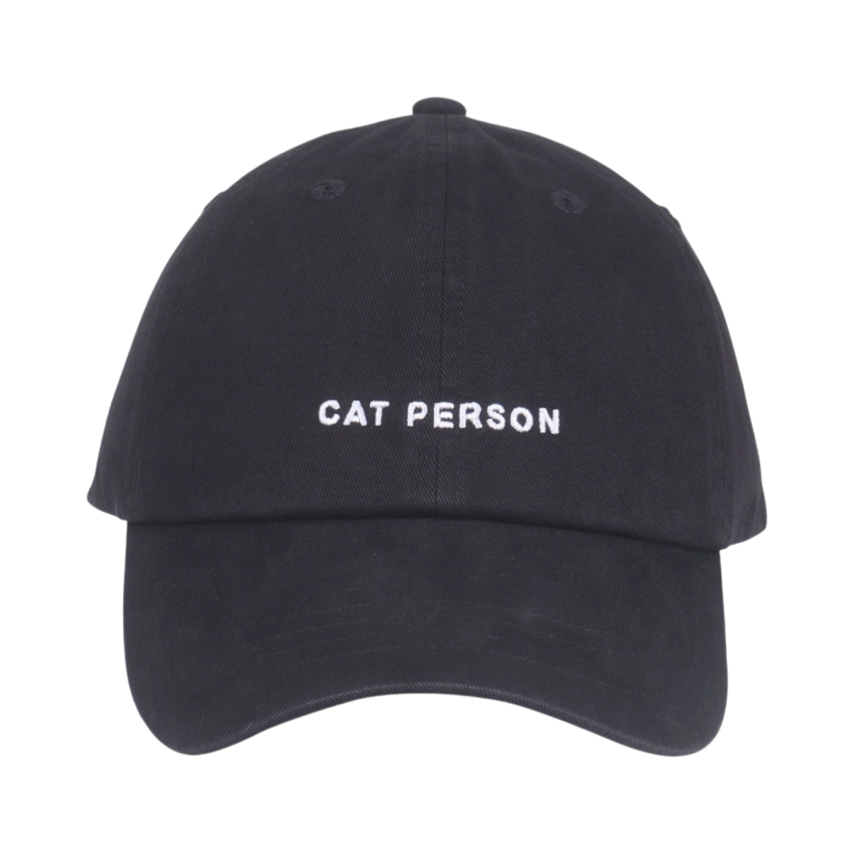 Dog Dish black cotton twill baseball cap with Cat Person embroidered in white text on the front