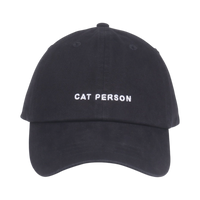 Dog Dish black cotton twill baseball cap with Cat Person embroidered in white text on the front