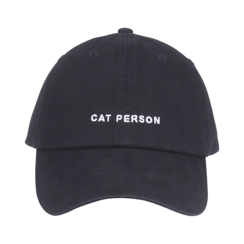 Dog Dish black cotton twill baseball cap with Cat Person embroidered in white text on the front
