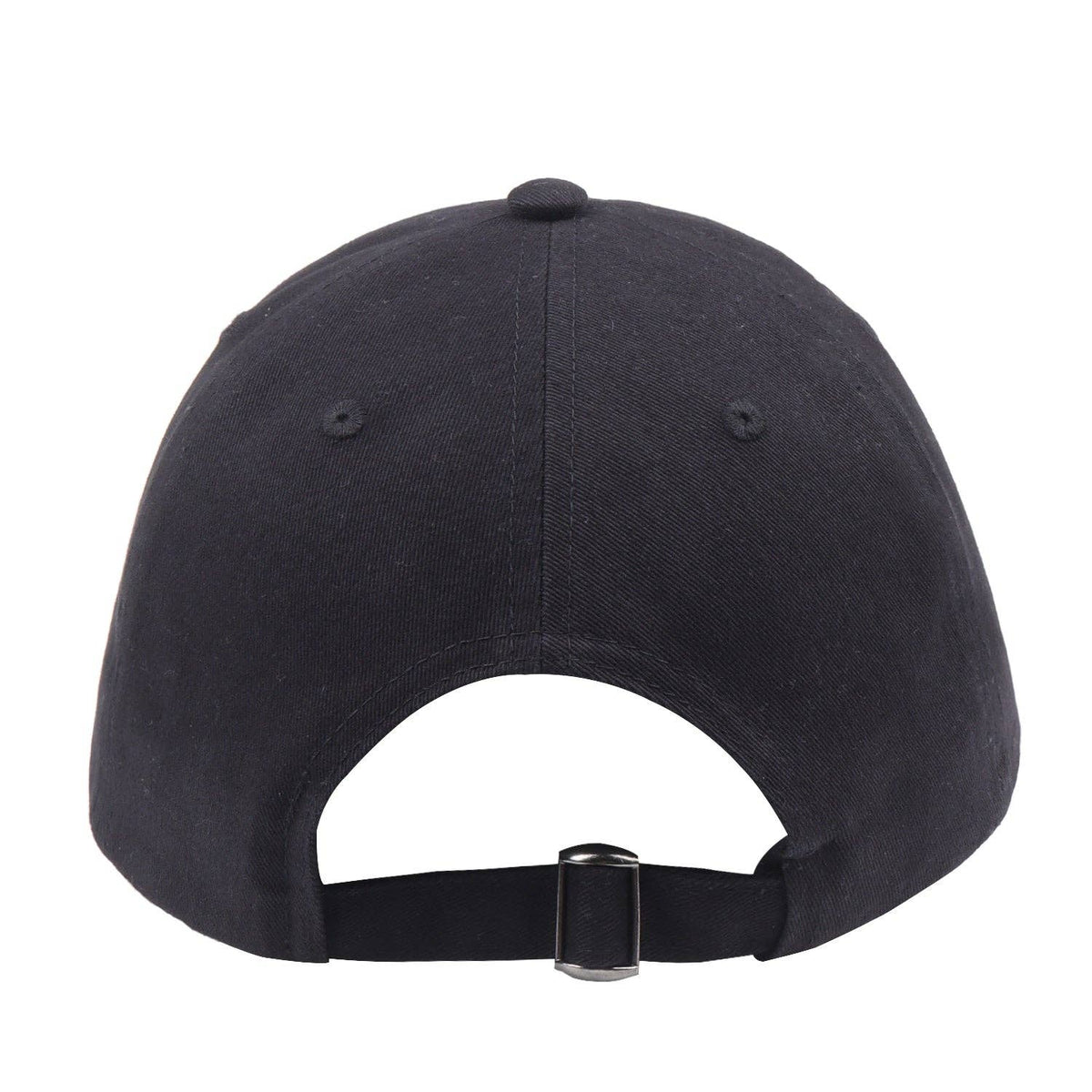 Dog Dish black cotton twill baseball cap back view with adjustable metal strap closure for dog lovers