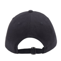 Dog Dish black cotton twill baseball cap back view with adjustable metal strap closure for dog lovers