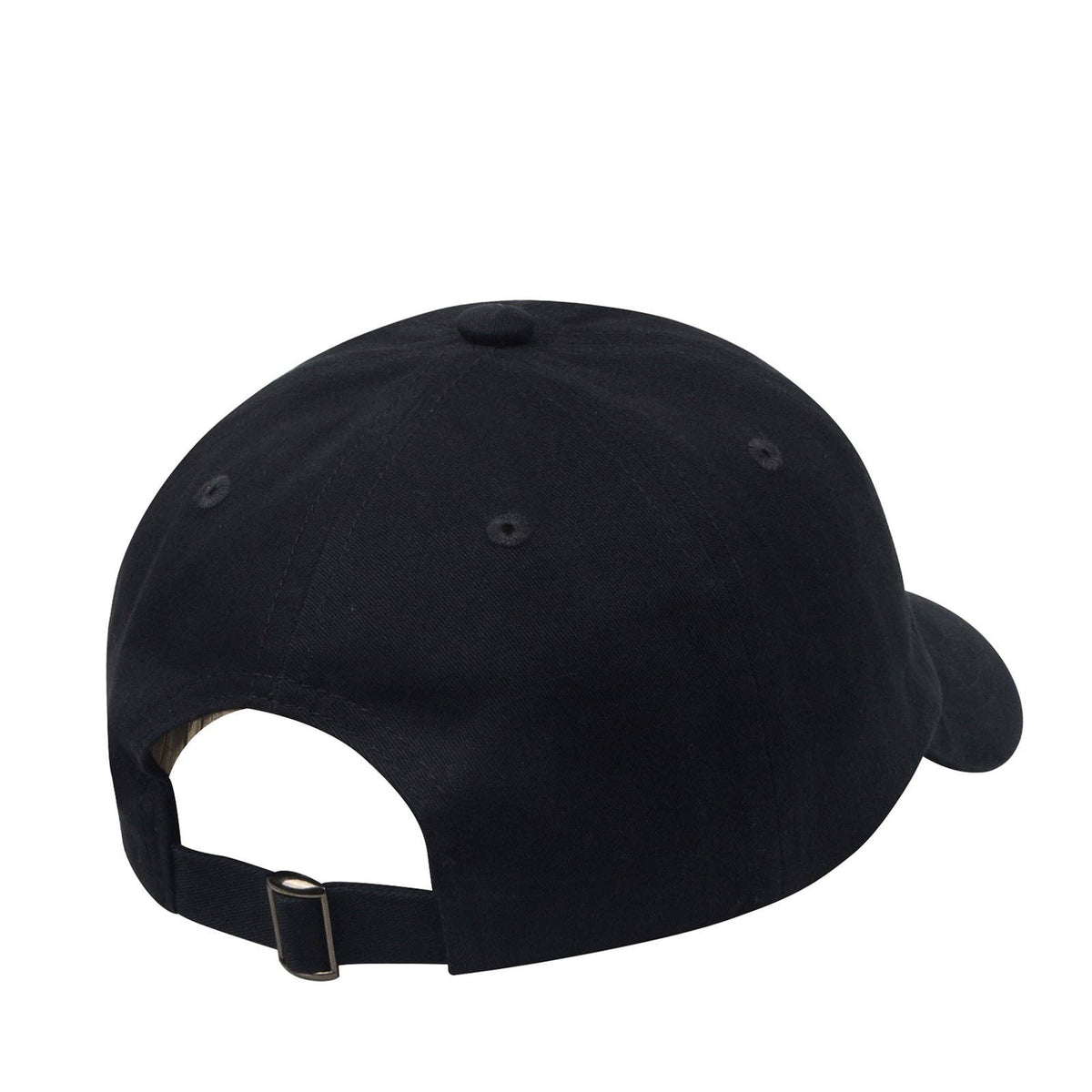 Back view of a black Dog Dish cotton twill baseball cap with an adjustable strap and metal clasp closure.
