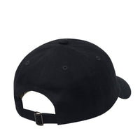 Back view of a black Dog Dish cotton twill baseball cap with an adjustable strap and metal clasp closure.