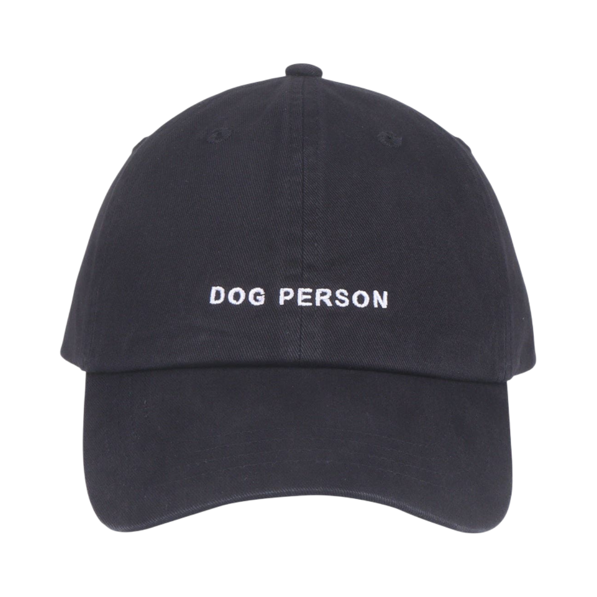 Dog Dish black cotton twill baseball cap with white embroidered Dog Person text on the front