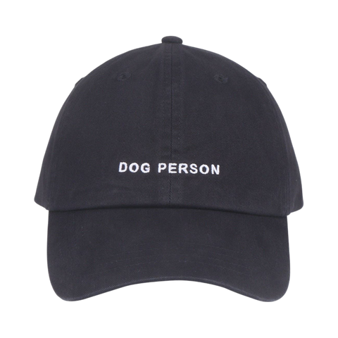 Dog Dish black cotton twill baseball cap with white embroidered Dog Person text on the front