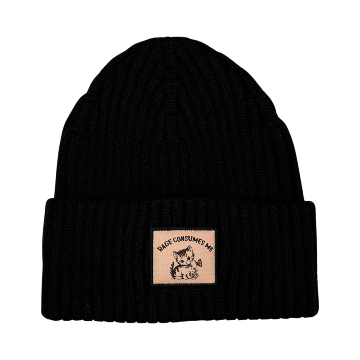 Dog Dish black ribbed knit beanie featuring an embroidered patch of an angry kitten and butterfly art.