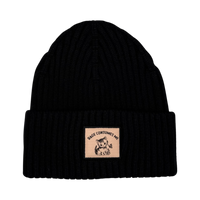 Dog Dish black ribbed knit beanie featuring an embroidered patch of an angry kitten and butterfly art.