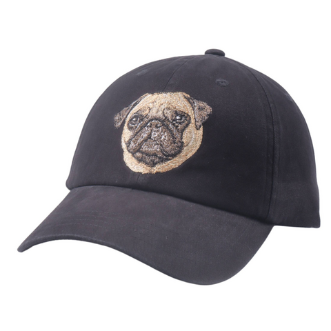 Dog Dish black cotton baseball cap featuring a detailed embroidered pug face on the front panel.