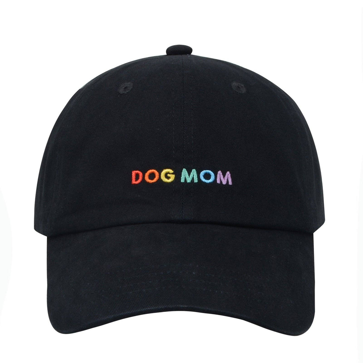 Dog Dish black cotton twill baseball cap featuring rainbow-colored DOG MOM embroidery on the front