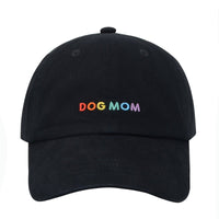 Dog Dish black cotton twill baseball cap featuring rainbow-colored DOG MOM embroidery on the front