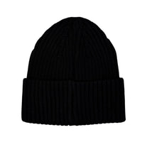 Dog Dish black ribbed knit beanie with a fold-over cuff, made from a soft viscose blend for winter warmth.