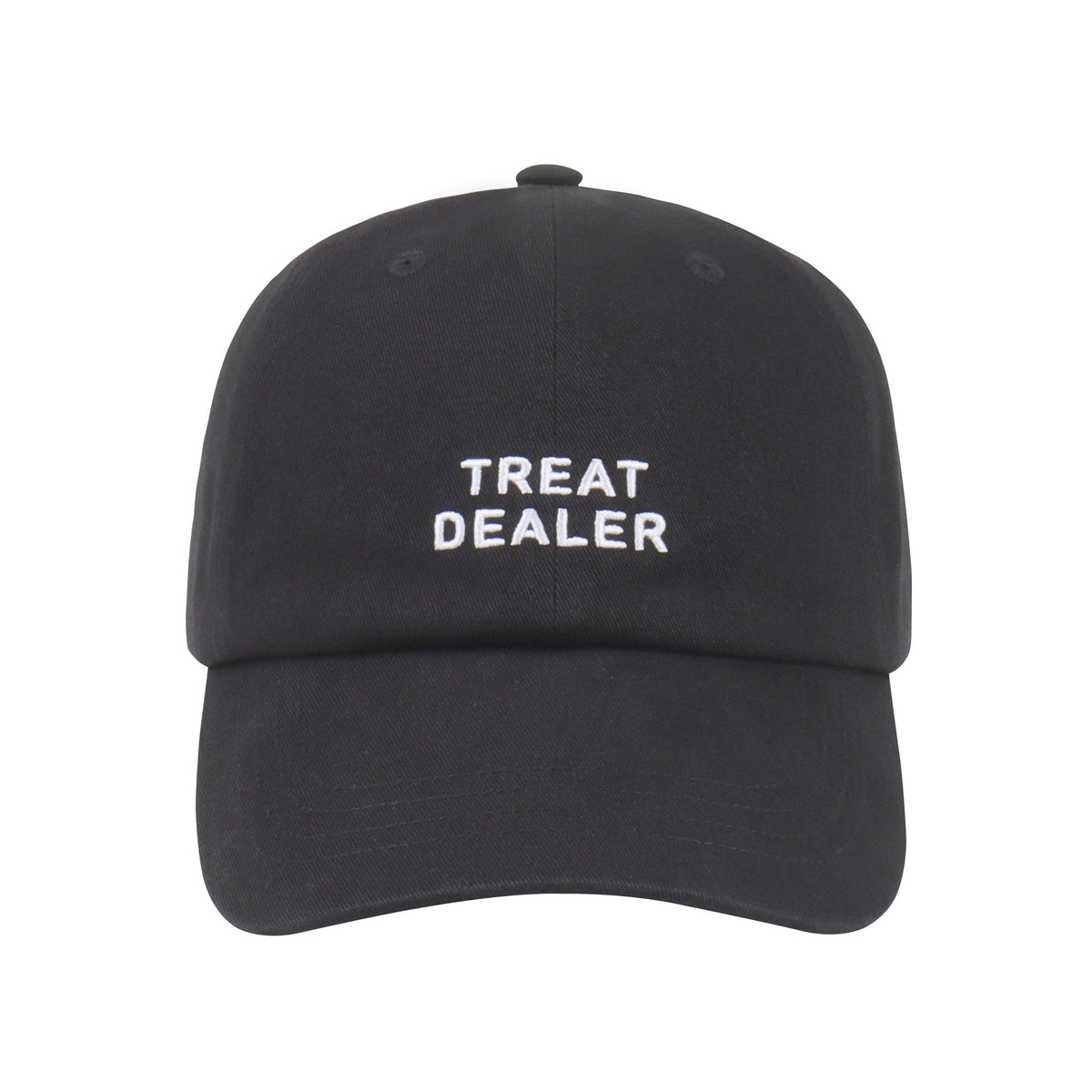 Dog Dish black cotton twill baseball cap with white embroidered Treat Dealer text for dog lovers
