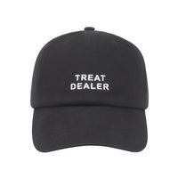 Dog Dish black cotton twill baseball cap with white embroidered Treat Dealer text for dog lovers