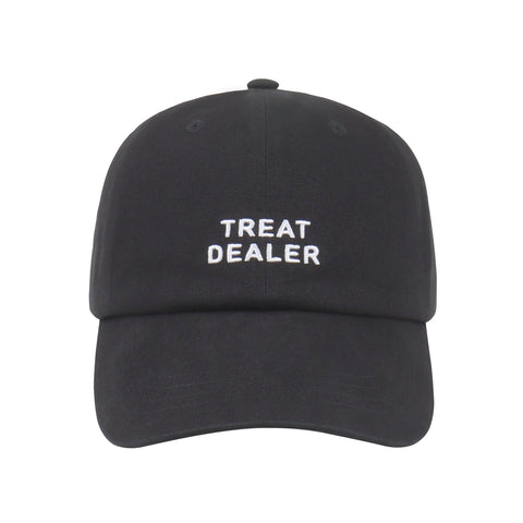 Dog Dish black cotton twill baseball cap with white embroidered Treat Dealer text for dog lovers