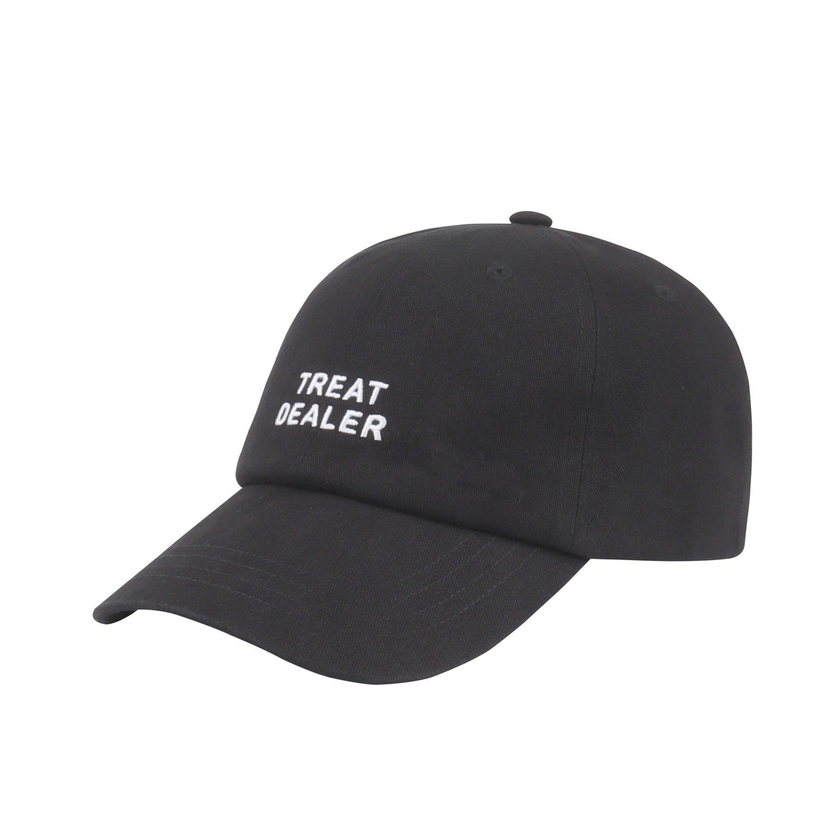 Dog Dish black cotton twill baseball cap featuring white embroidered Treat Dealer text on the front panel