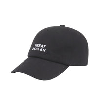 Dog Dish black cotton twill baseball cap featuring white embroidered Treat Dealer text on the front panel