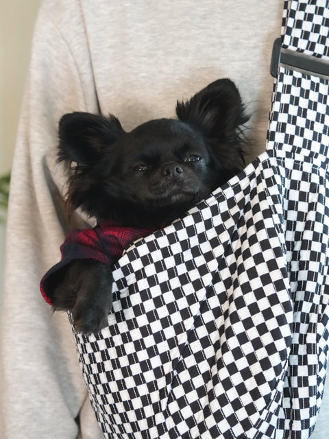 Dog Dish black and white checkered pet sling carrying a small black long-haired dog in a red plaid shirt