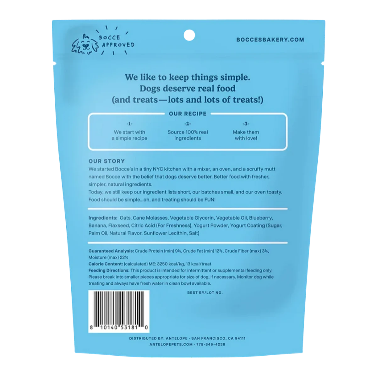 Dog Dish Bocce Bakery Very Berry Froyo soft dog treat packaging back view with ingredient list and feeding guide