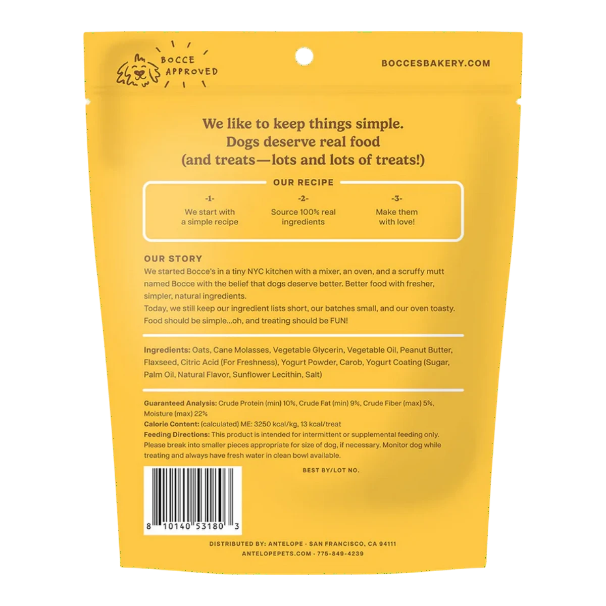 Back of Dog Dish Bocce's Bakery soft and chewy peanut butter chip dog treat bag with ingredient list and nutrition