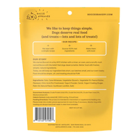 Back of Dog Dish Bocce's Bakery soft and chewy peanut butter chip dog treat bag with ingredient list and nutrition