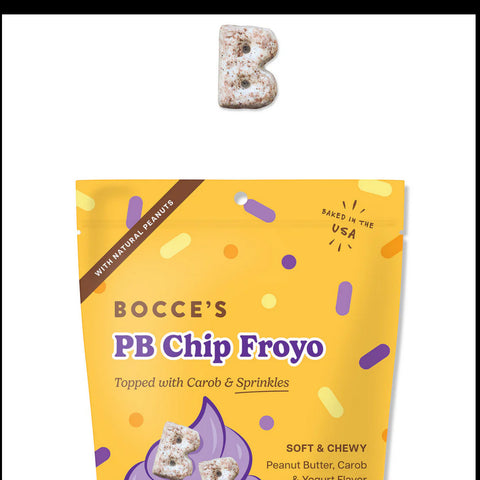 Dog Dish Bocce PB Chip Froyo soft and chewy dog treats in a yellow bag with peanut butter and carob flavor