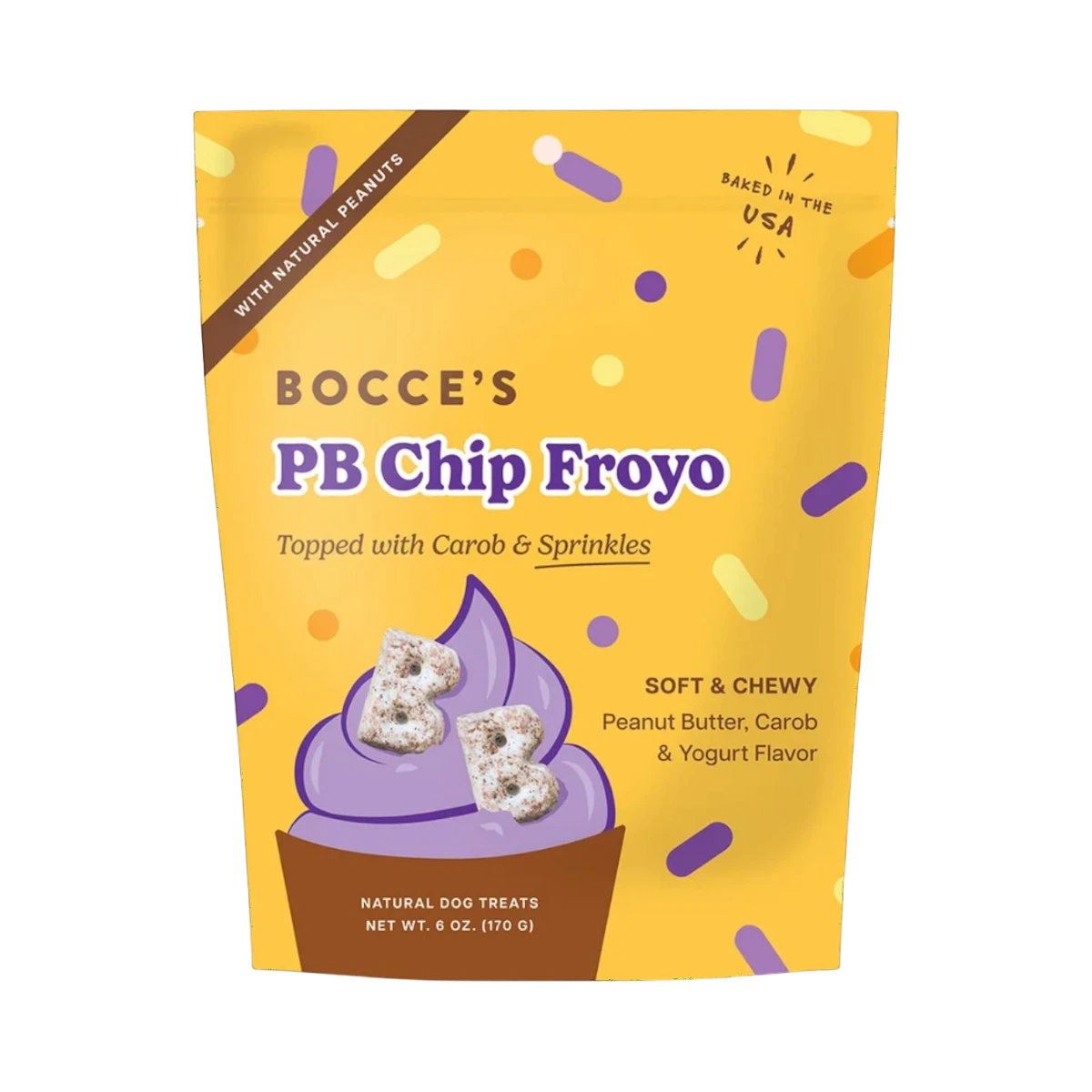 Dog Dish Bocce PB Chip Froyo soft and chewy dog treats in a yellow bag with peanut butter and carob flavor